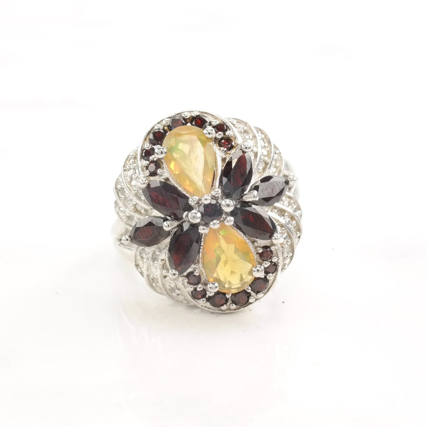 Silver Ring Opal Garnet Diamond Flower Size 7