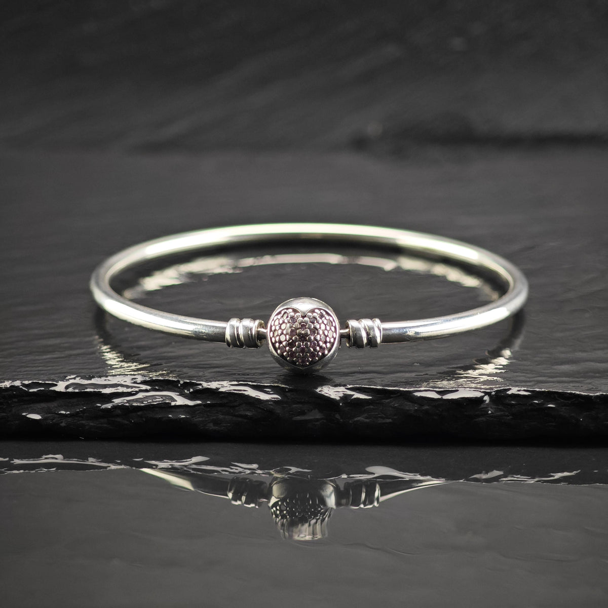 Vintage Pandora Pink Pave Heart Bangle Sterling Silver Sz 7 1/4" BR3179