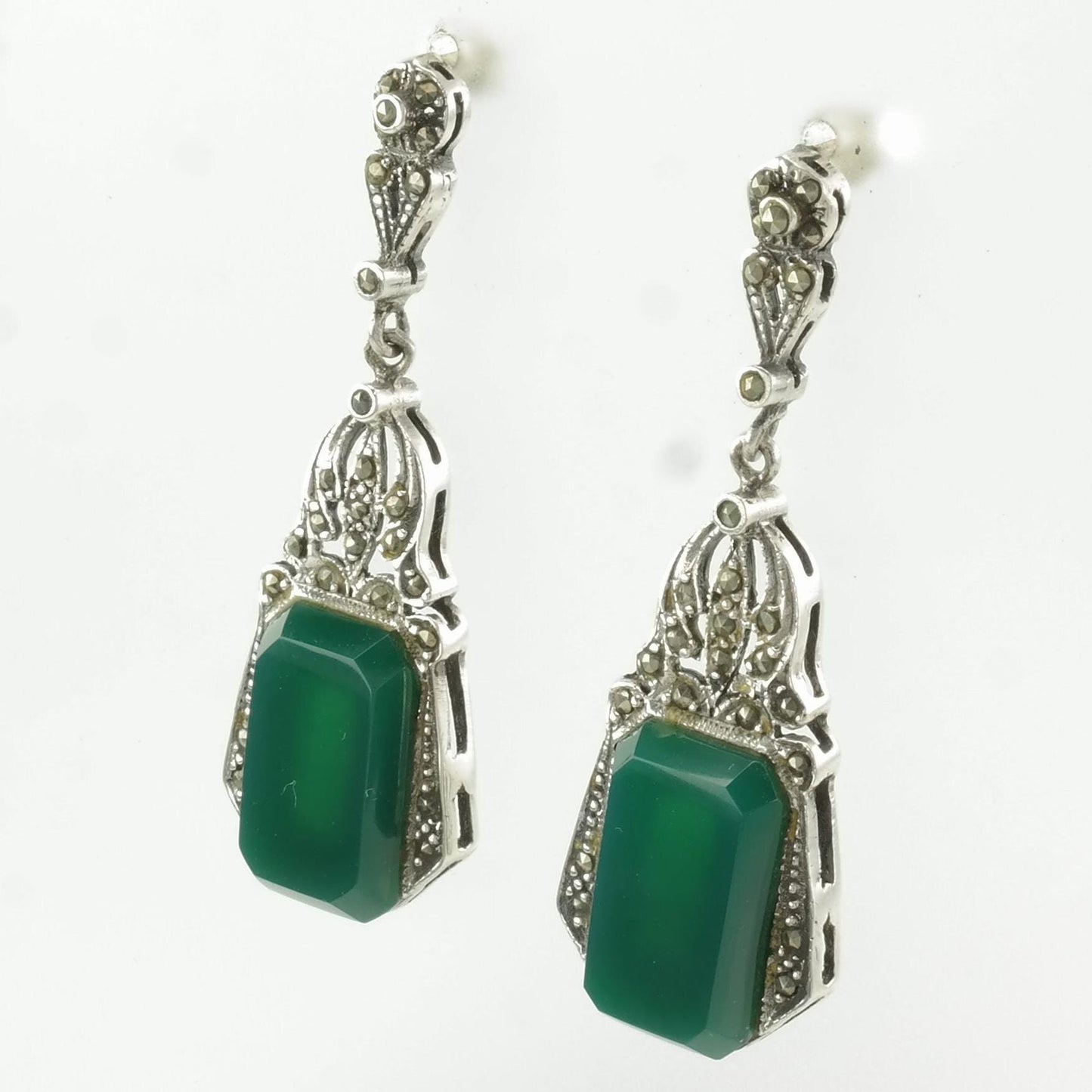 Art Deco Style Sterling Silver Green Chrysoprase Marcasite Earrings Stud/dangle