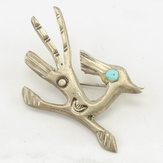 Vintage Southwest Sterling Silver Brooch Roadrunner Blue Turquoise