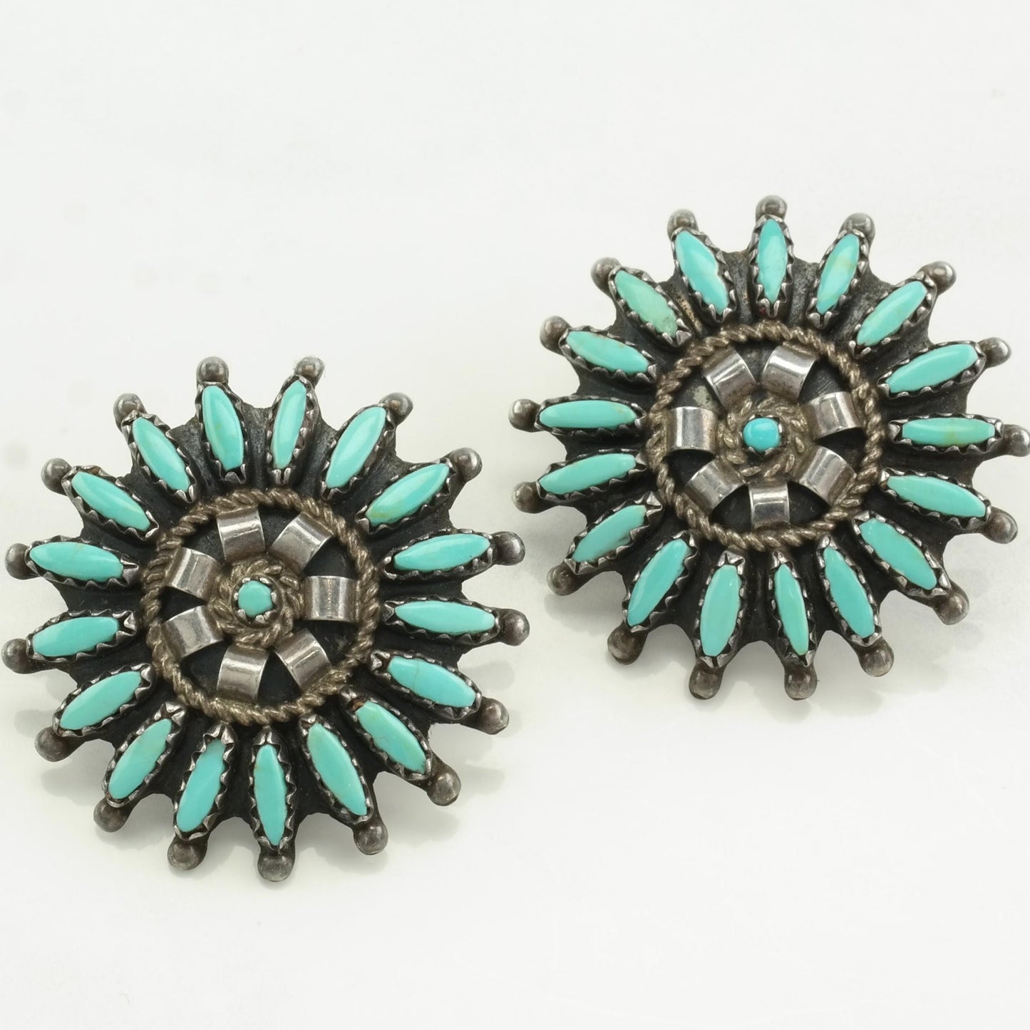 Native American Sterling Silver Blue Turquoise Petit Point, Floral Earrings Stud