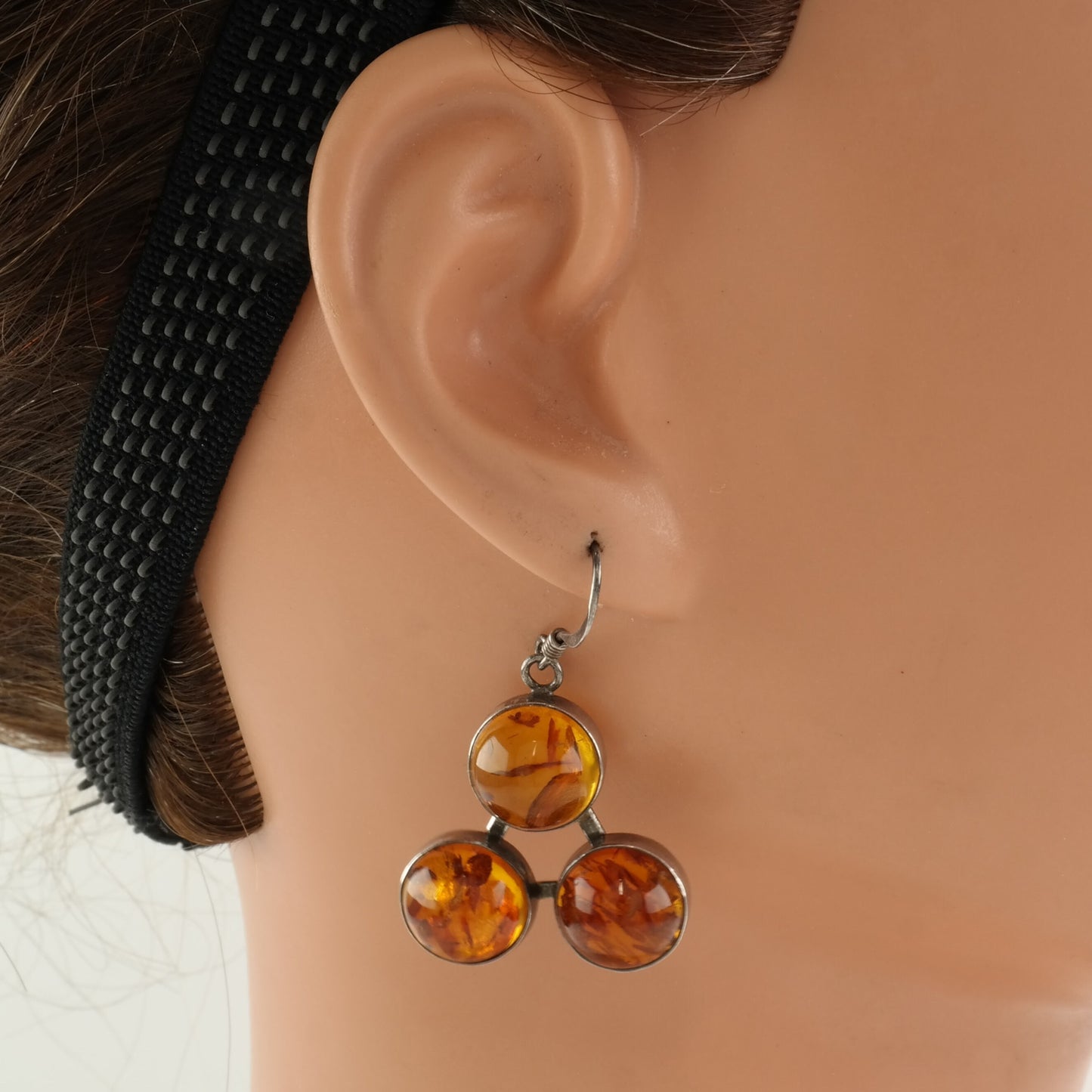 Sterling Silver Baltic Amber 3 Stone Earrings Fish hook/Dangle