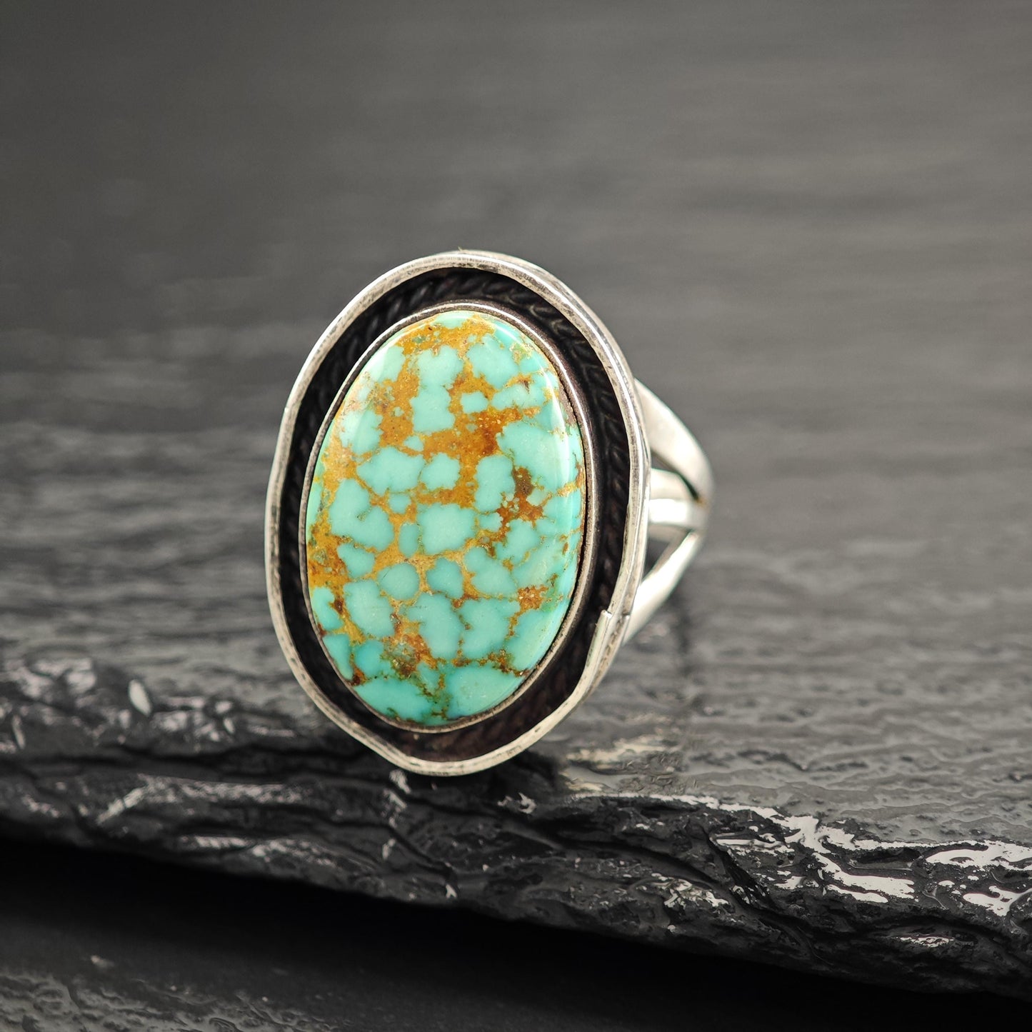 Turquoise #8 Shadowbox Oval Ring Sterling Silver