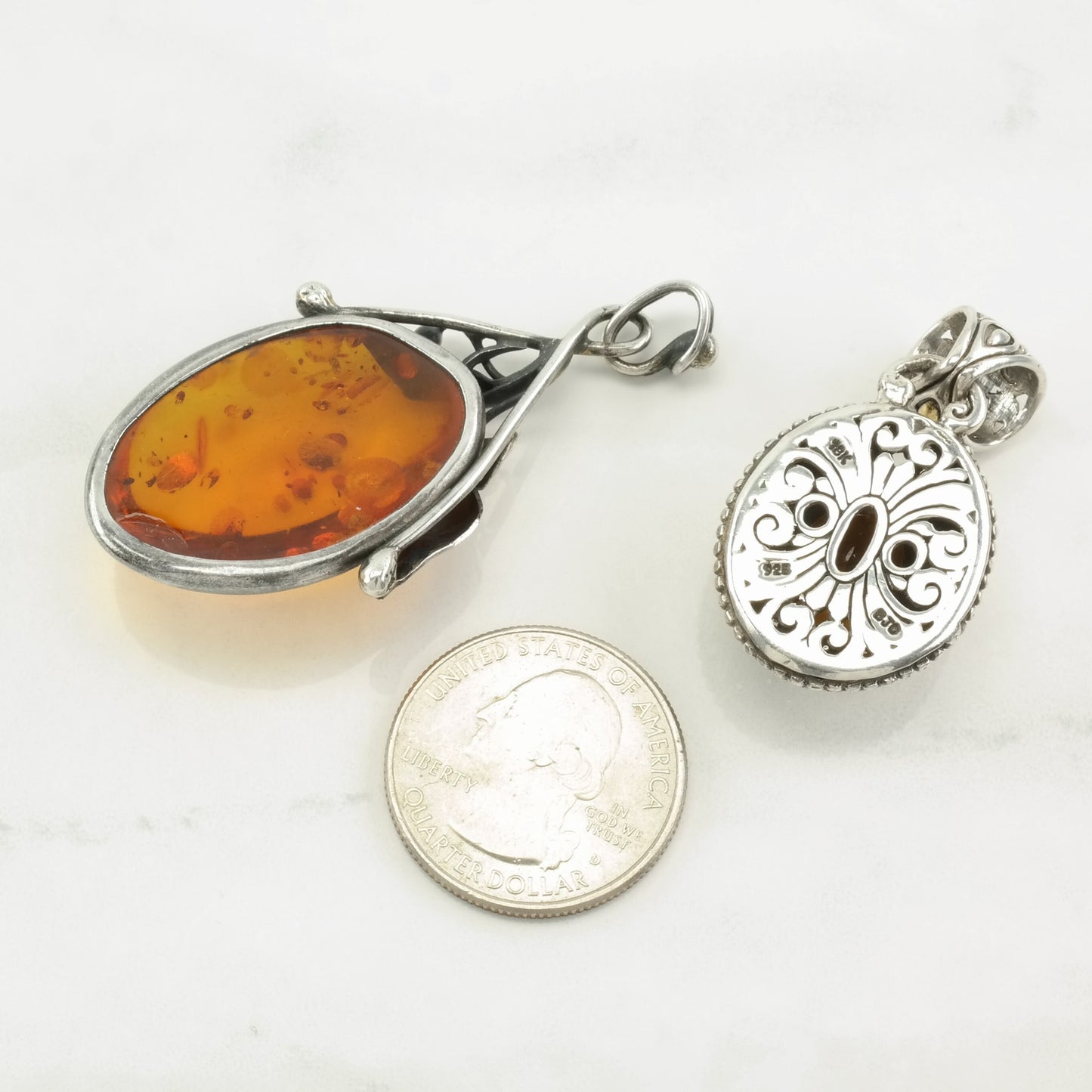 Vintage Baltic Amber, Citrine 18K Gold Accent Sterling Silver Pendant
