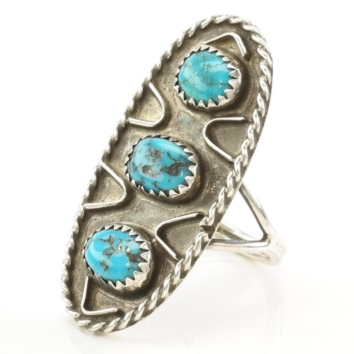 Vintage Native American Silver Ring Turquoise Three Stone, Shield Sterling Blue Size 8