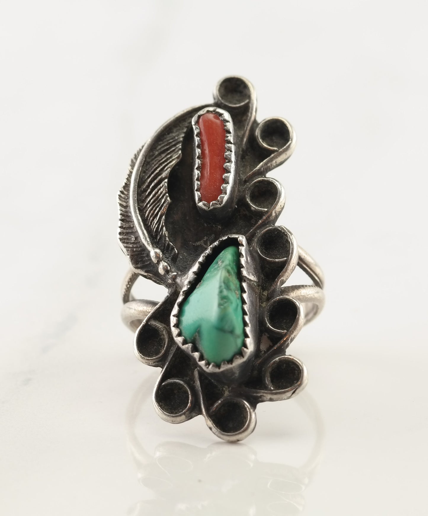 Native American Silver Ring Turquoise, Coral Sterling Size 6 1/2