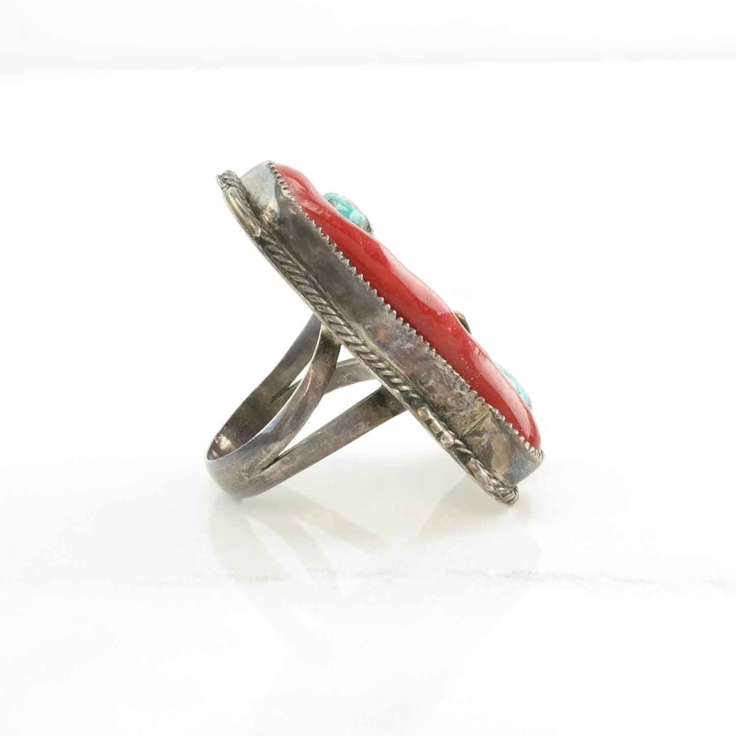 Native American Silver Ring Turquoise, Coral Sterling Blue, Red Size 7