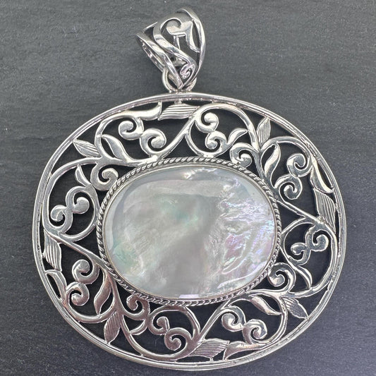 Vintage Large Thai Filigree Silver Pendant MOP Sterling