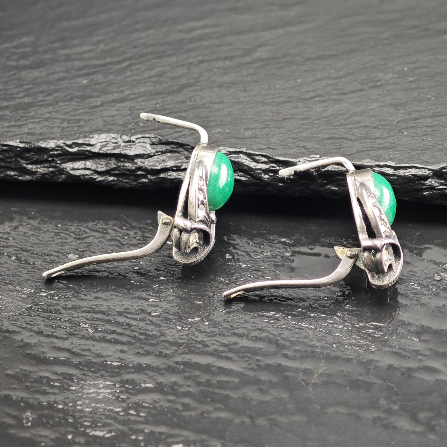 European, Art Deco St Green Malachite Rhinestone Sterling Silver Latch Earrings ER3118