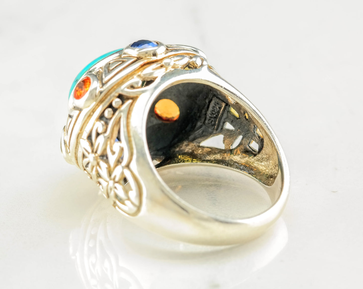 Statement Sterling Silver Ring Size 8 Blue, Yellow, Orange Turquoise Natural Sapphires