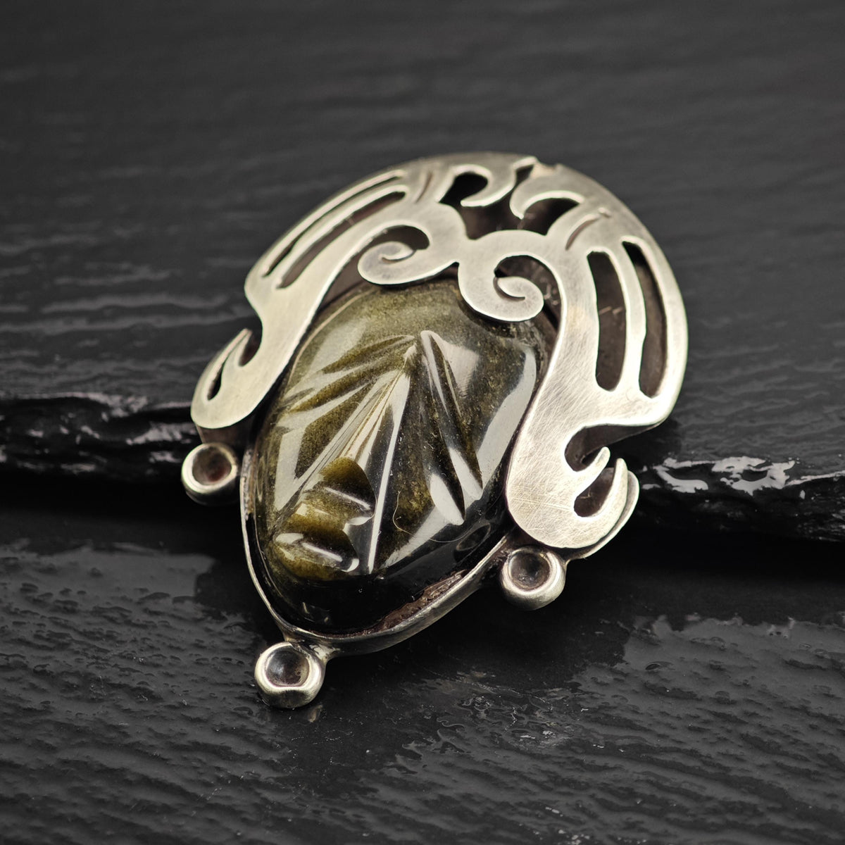 Carved Obsidian Face Sterling Silver Brooch/Pendant P3127
