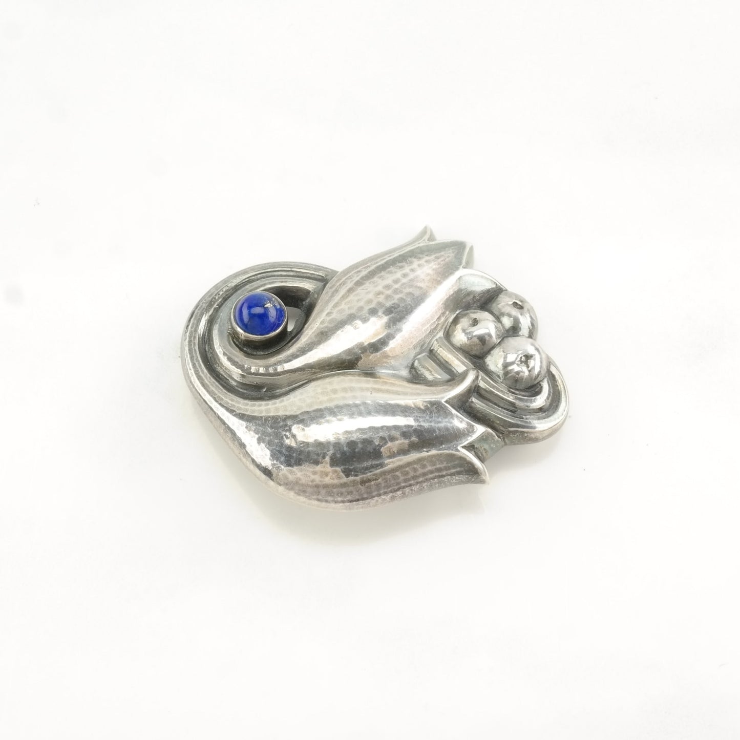 Vintage Georg Jensen Sterling Silver Brooch Floral, 100C Blue Lapis Lazuli