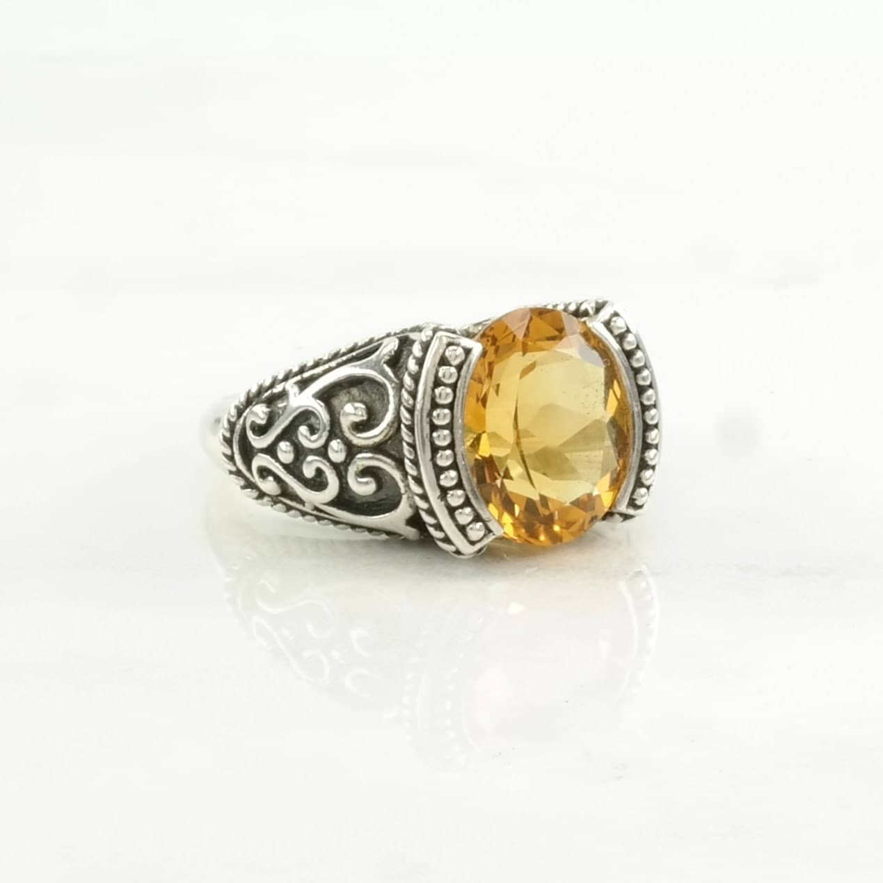 Sterling Silver Ring Citrine Scroll Orange Size 7 1/4