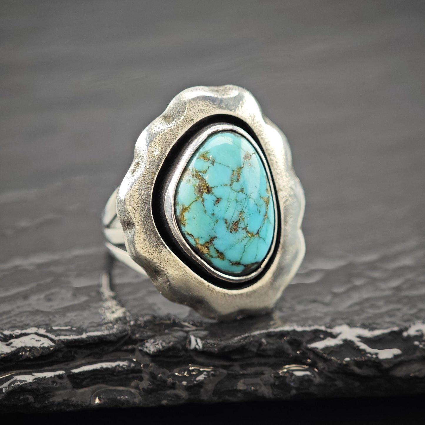 Native American Spiderweb Turquoise Shadowbox Ring Sterling Silver Size 5 3/4