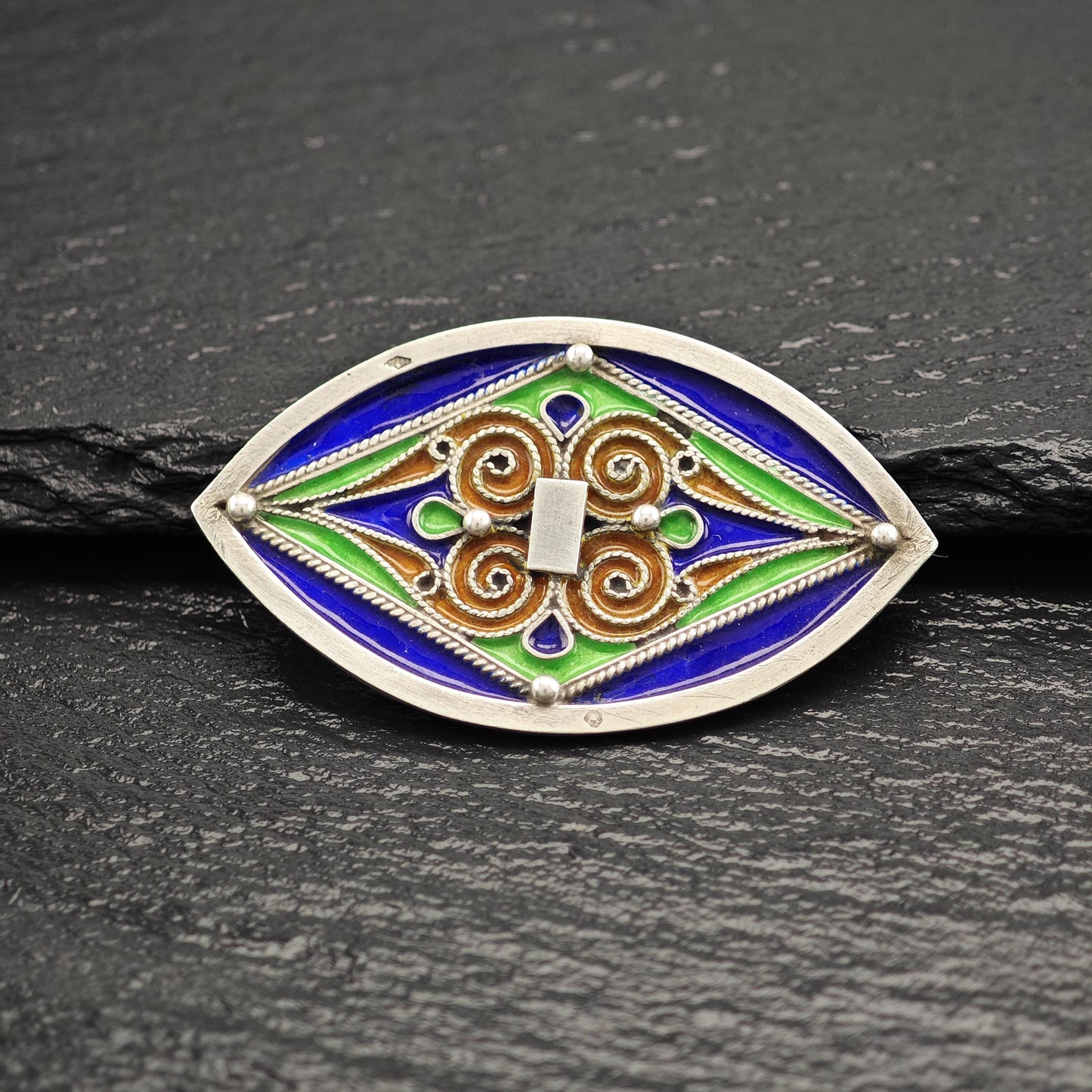 French Sterling Silver Brooch Geometric Multi-Color Enamel Design B2095