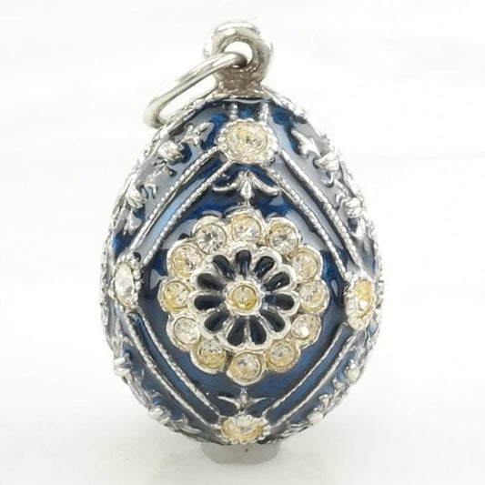Vintage Enamel, CZ Egg, Floral Sterling Silver Pendant