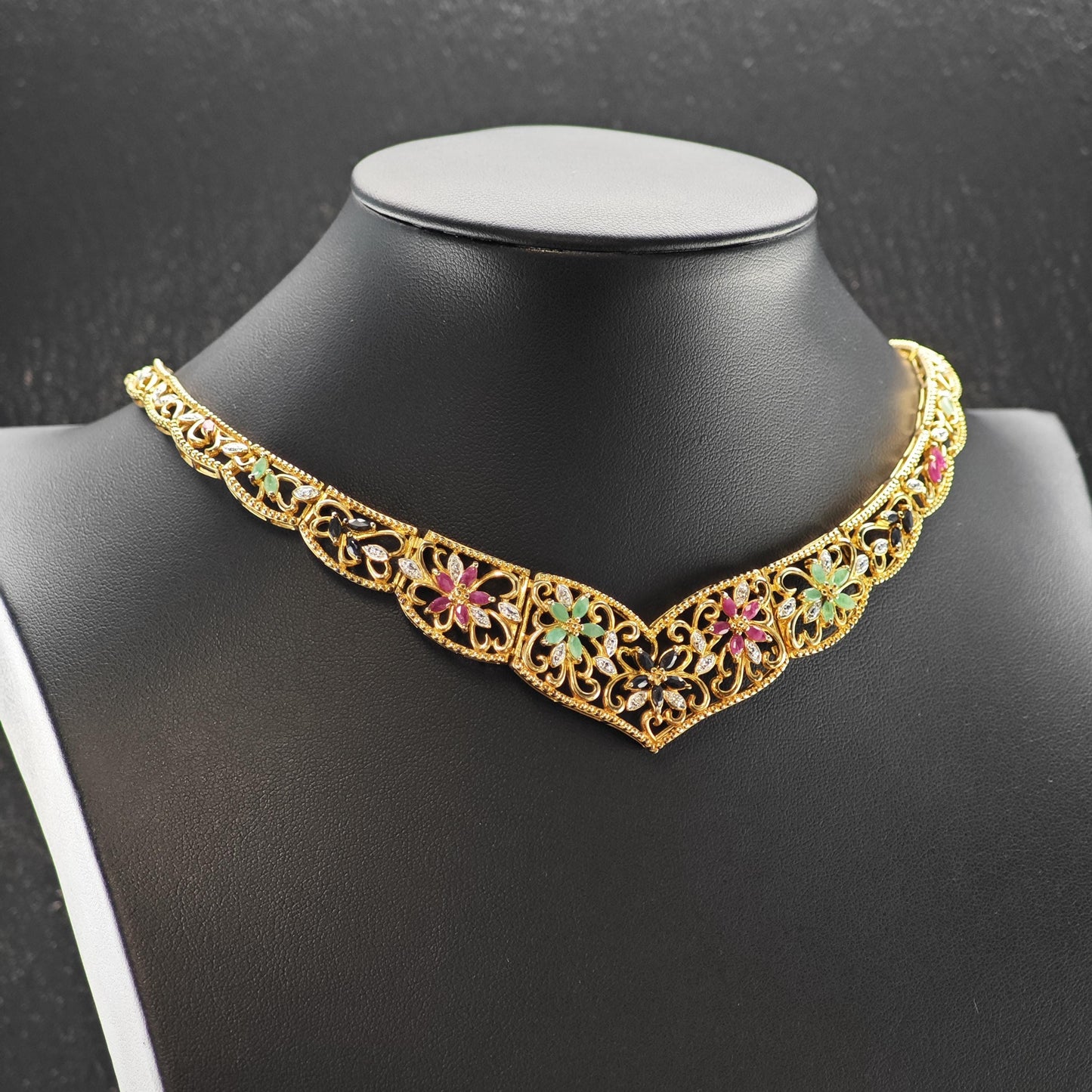 Multi-color Emerald Ruby Sapphire Floral Gold Plated Collar Necklace Sterling Silver N2657
