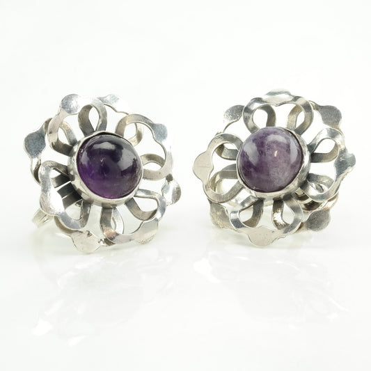 Taxco Style Sterling Silver Amethyst Floral Earrings Screw back