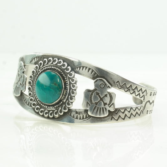 Fred Harvey Era Sterling Silver Cuff Bracelet Blue Turquoise Bird, Stamped