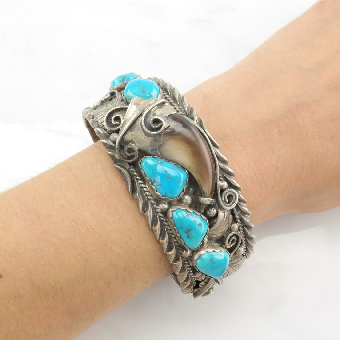 Native American Sterling Silver Cuff Bracelet Blue Turquoise Floral, Feather