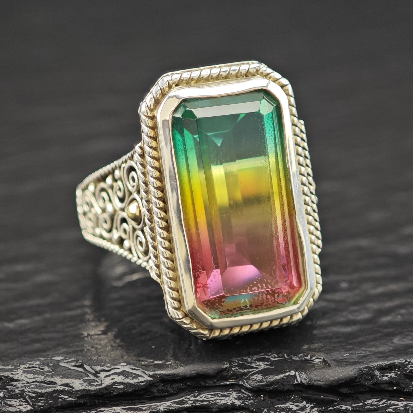 Watermelon Tourmaline Doublet 18K Gold Accents Ring Sterling Silver Sz 7 R6141