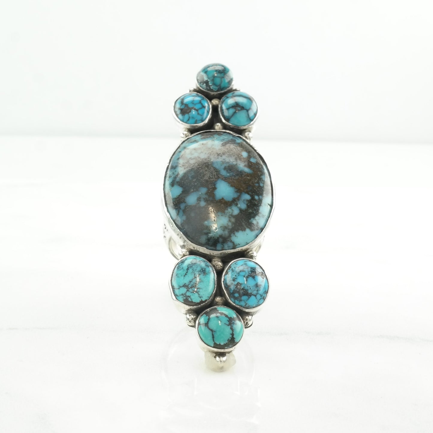 Vintage Native American Silver Ring Spiderweb Turquoise Long Sterling Size 7 1/2