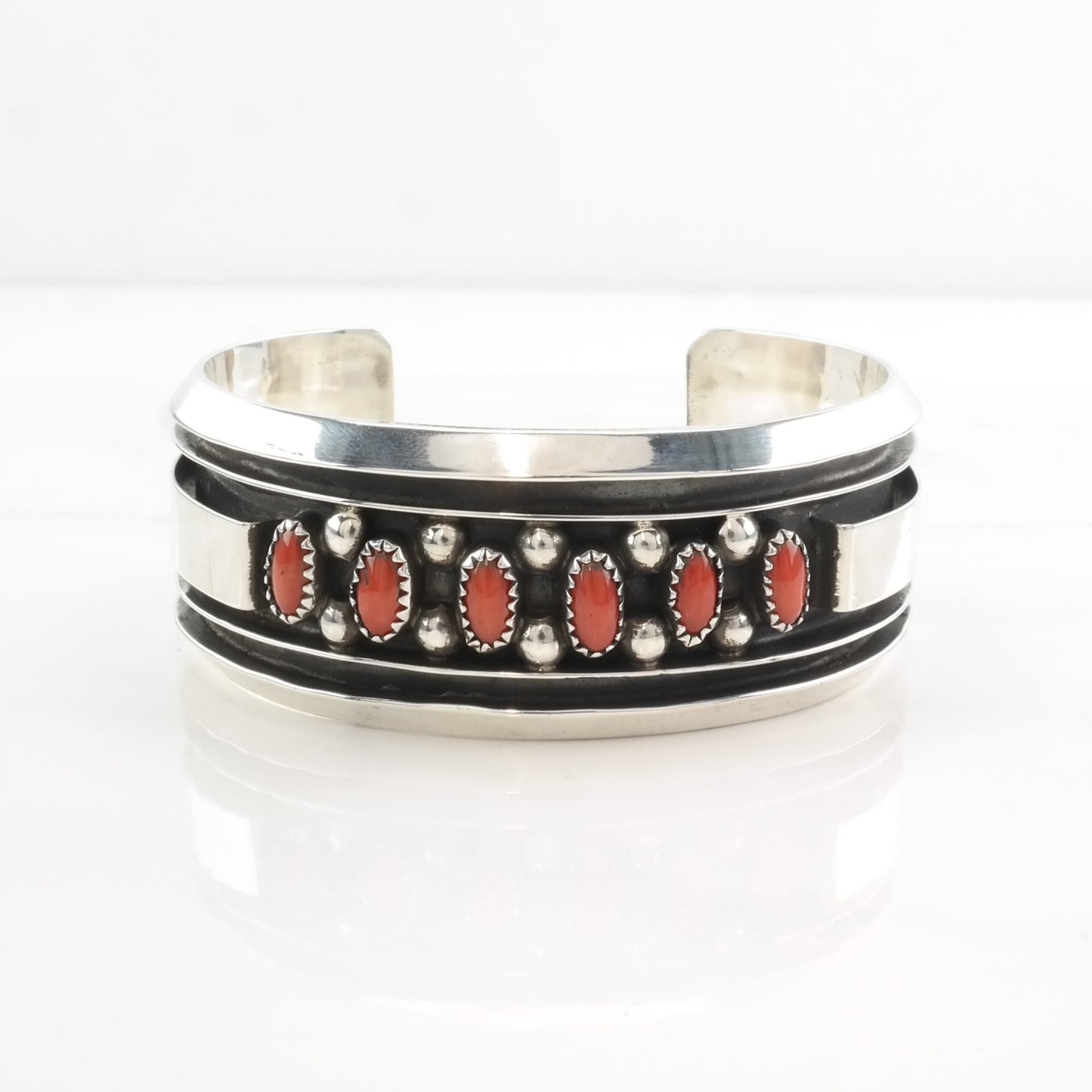 Native American Coral Cuff Bracelet Sterling Silver Red Shadowbox Incise