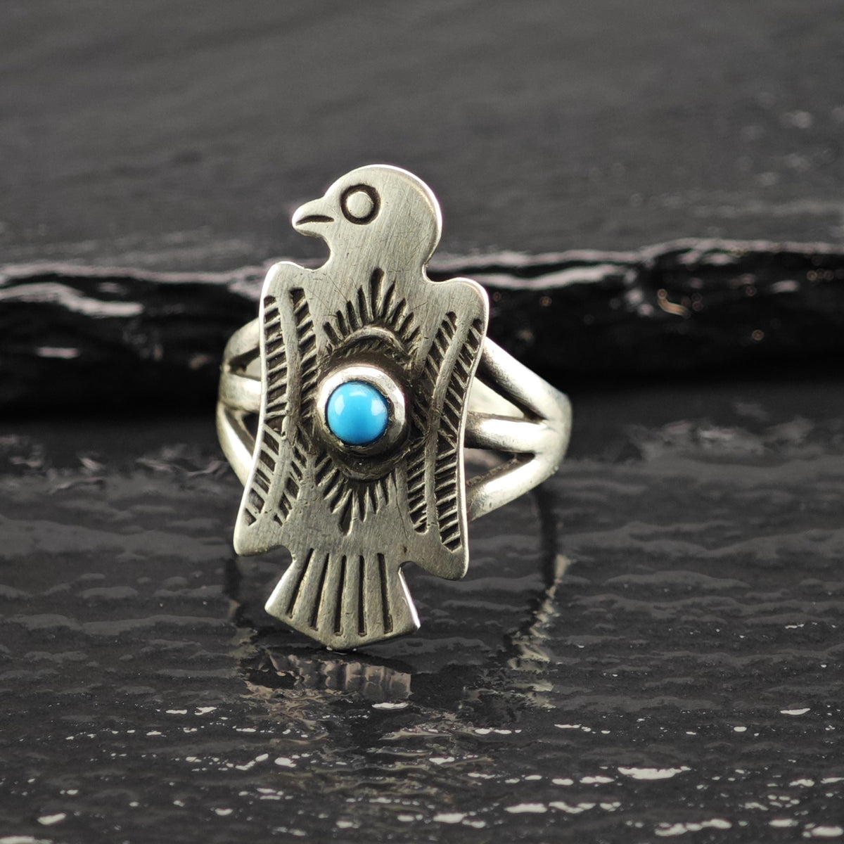 SW Block Turquoise Eagle Sterling Silver Ring Sz 5 3/4 R6841