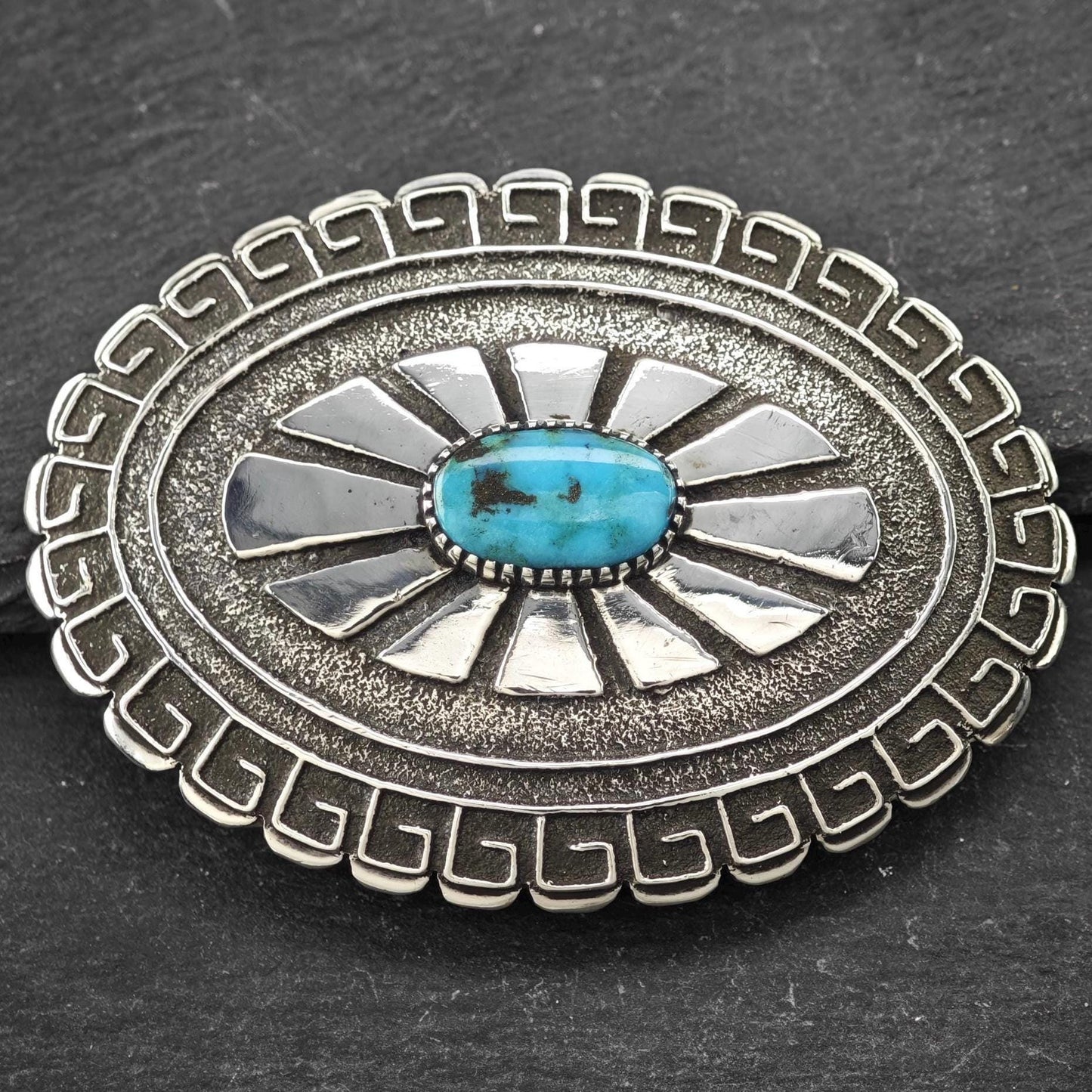 Signed Native American, Tufa Cast Belt Buckle Sterling Silver