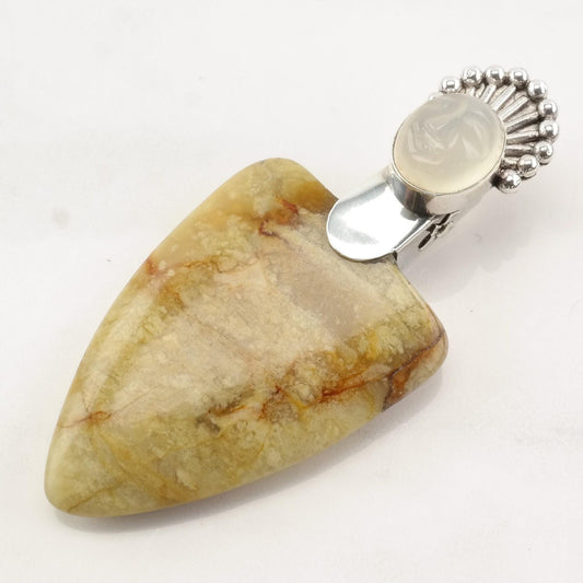 Vintage Sajen Moonstone Agate Face Carved Sterling Silver Pendant