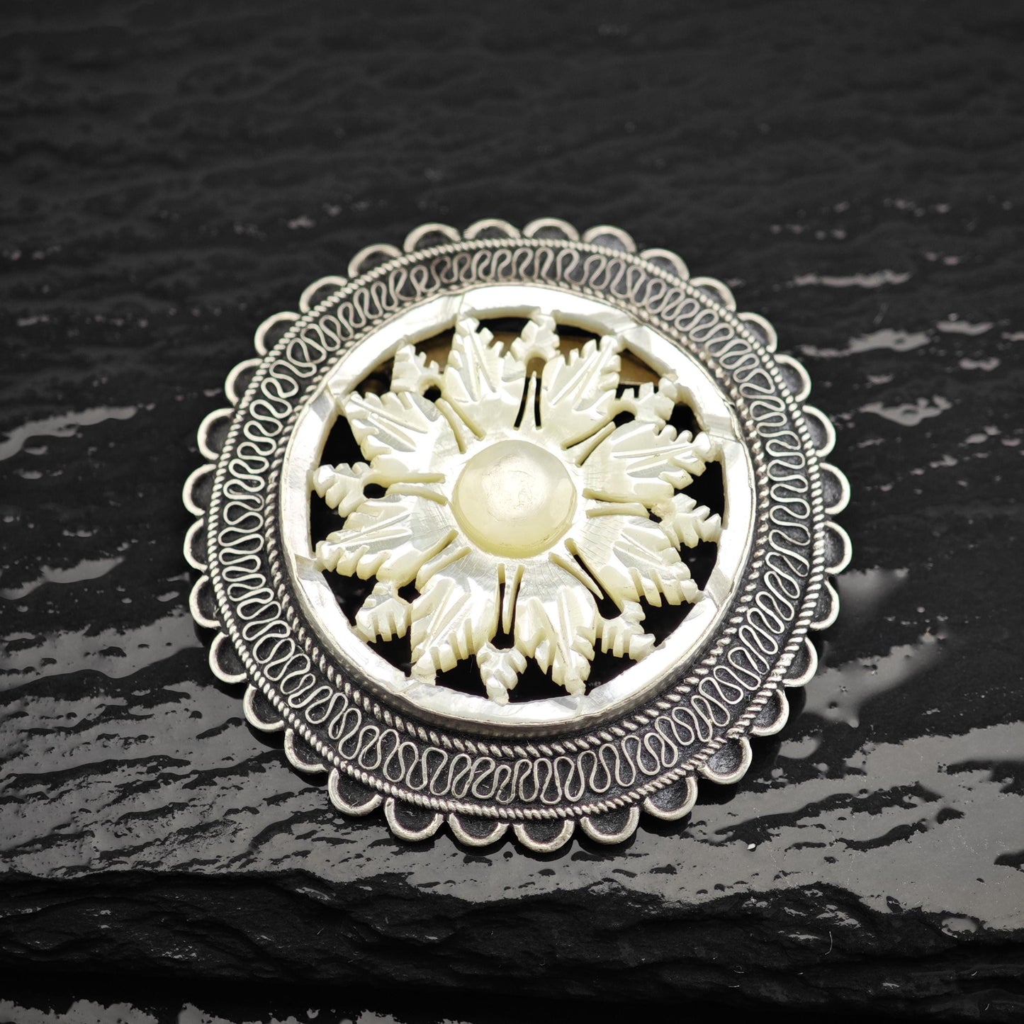 Jerusalem Snowflake, Carved MOP Brooch Pendant Sterling Silver