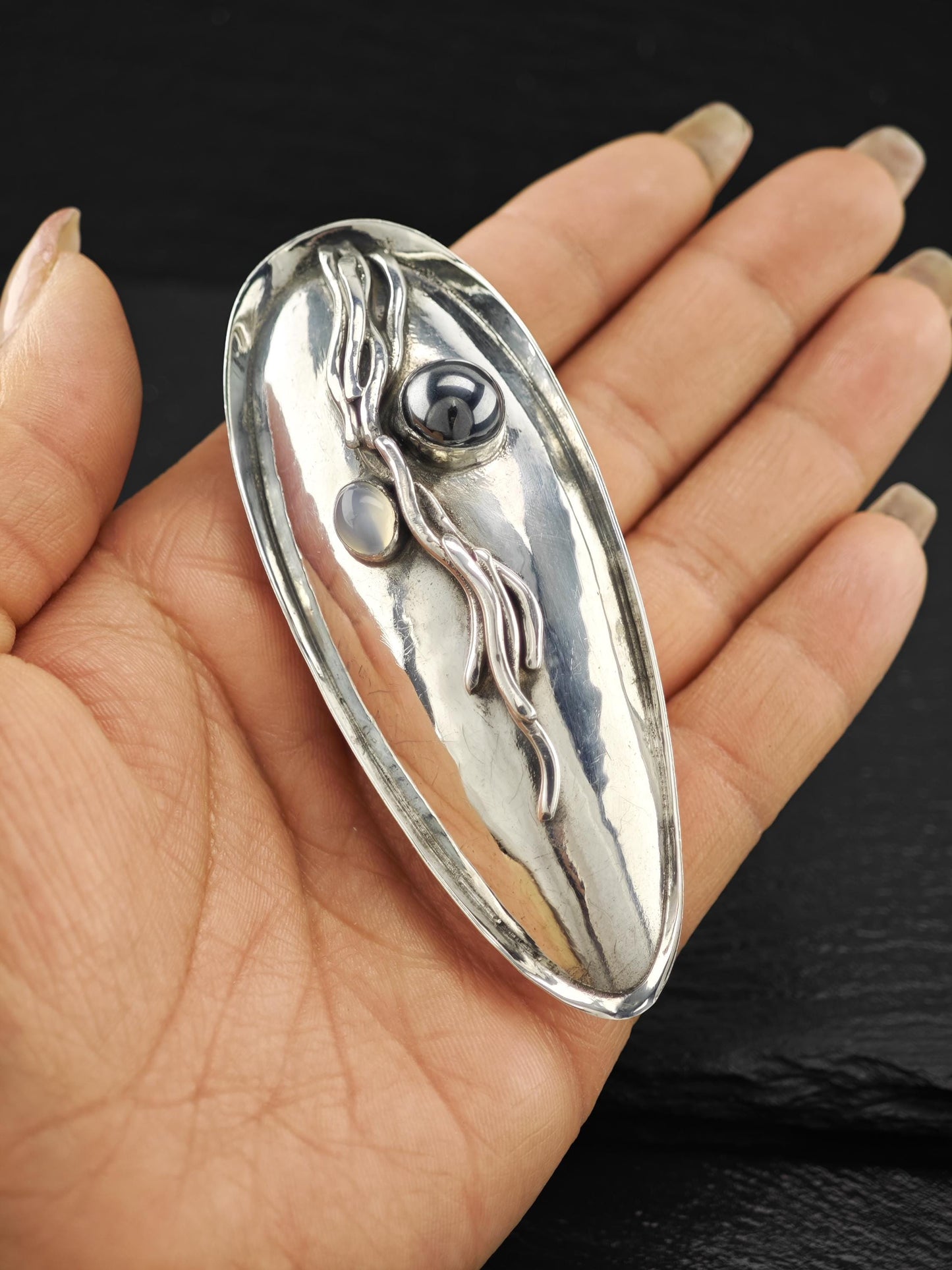 Margaret Ellis Hallow Hematite, Moonstone Brooch/Pendant Sterling Silver
