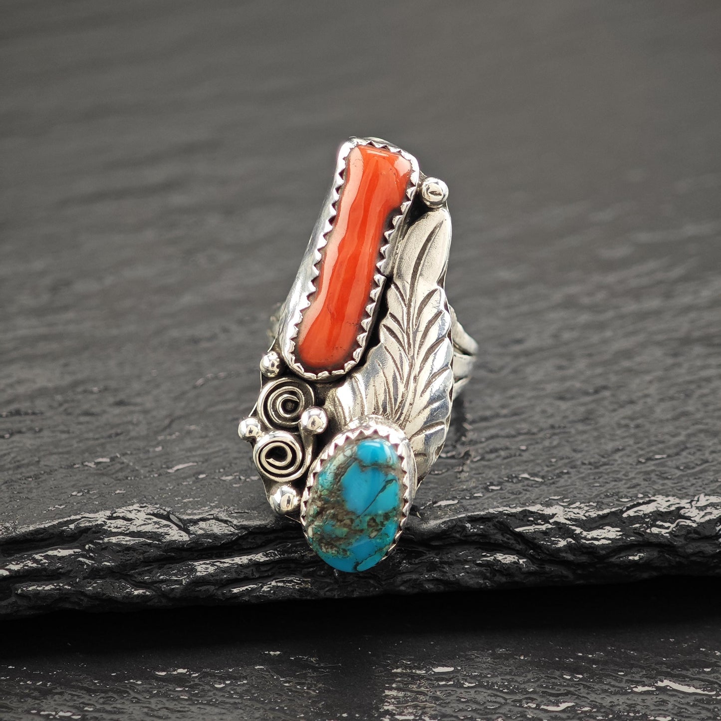 Turquoise Coral Floral Ring Sterling Silver Size 6 1/2 R5829