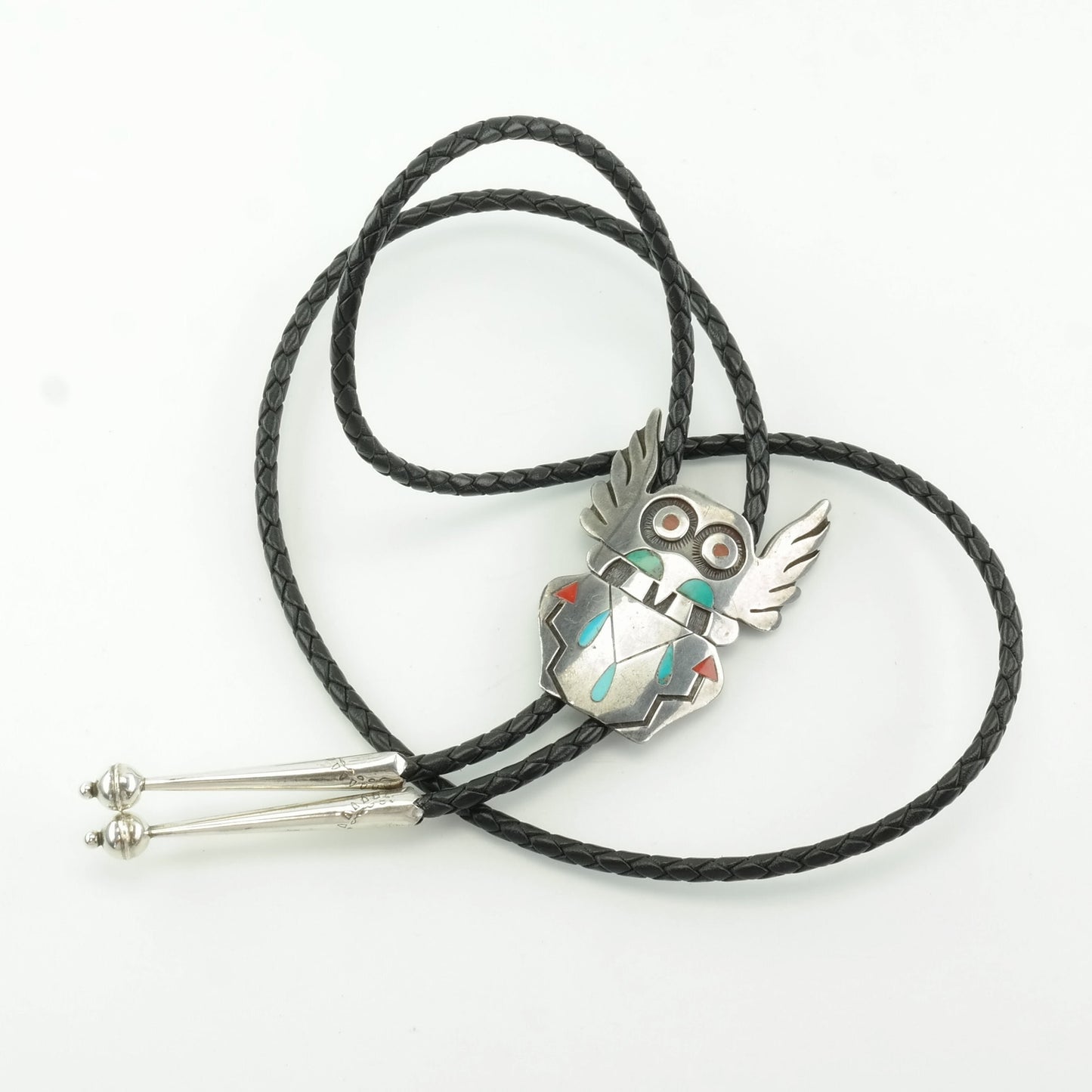 Hopi Sterling Silver Turquoise, Coral Bird Figure, Inlay Bolo Tie Necklace