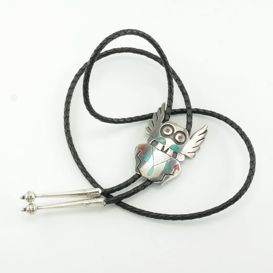 Vintage Hopi Sterling Silver Turquoise, Coral Bird Figure, Inlay Bolo Tie Necklace