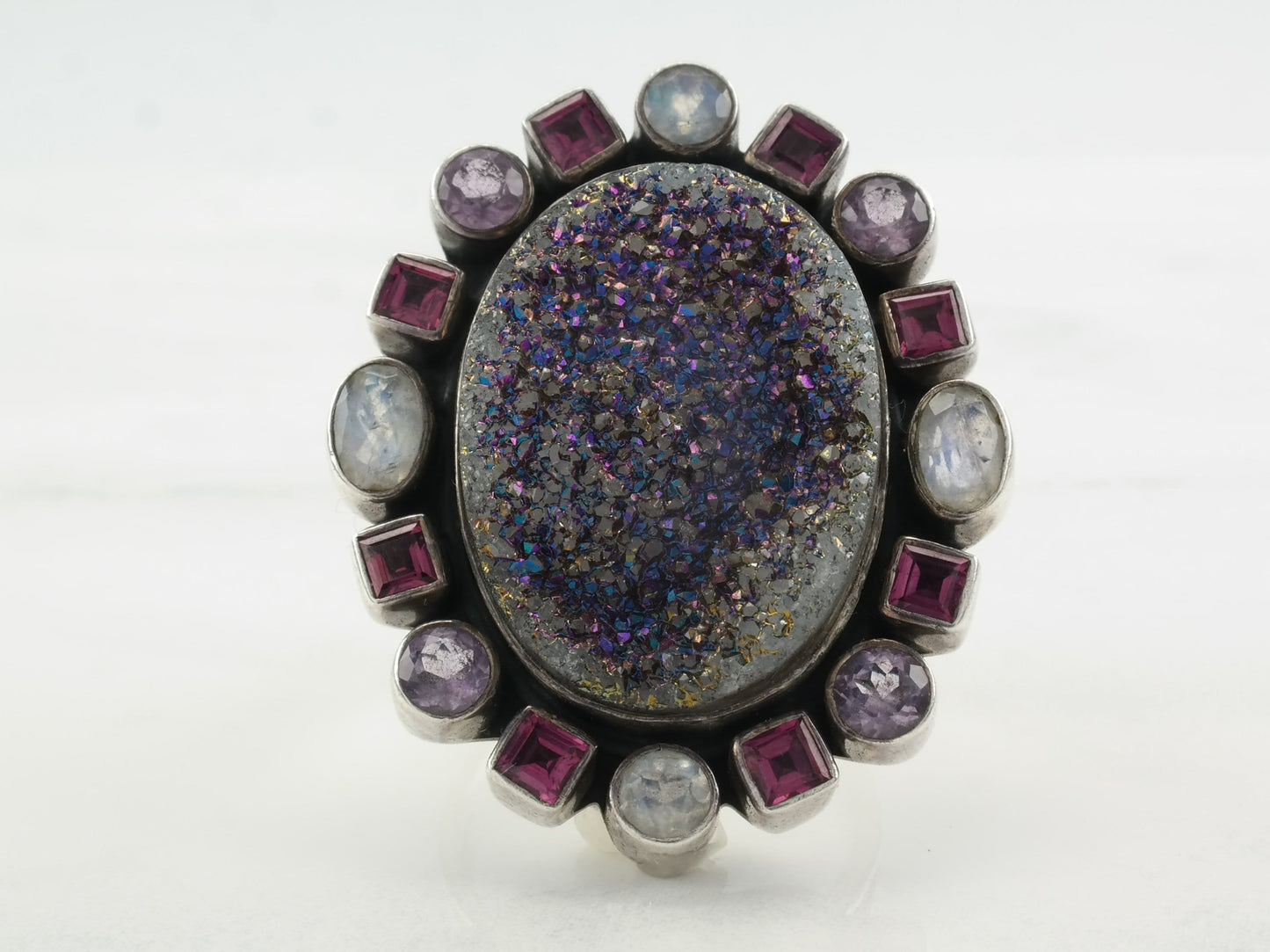 Nicky Butler Ring Druzy, Amethyst, Moonstone, Garnet Sterling Silver Size 7 3/4