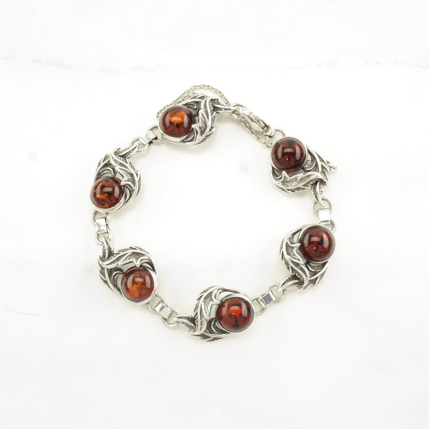 Vintage Art Nouveau Style Sterling Silver Link Bracelet Reddish Orange Amber Floral