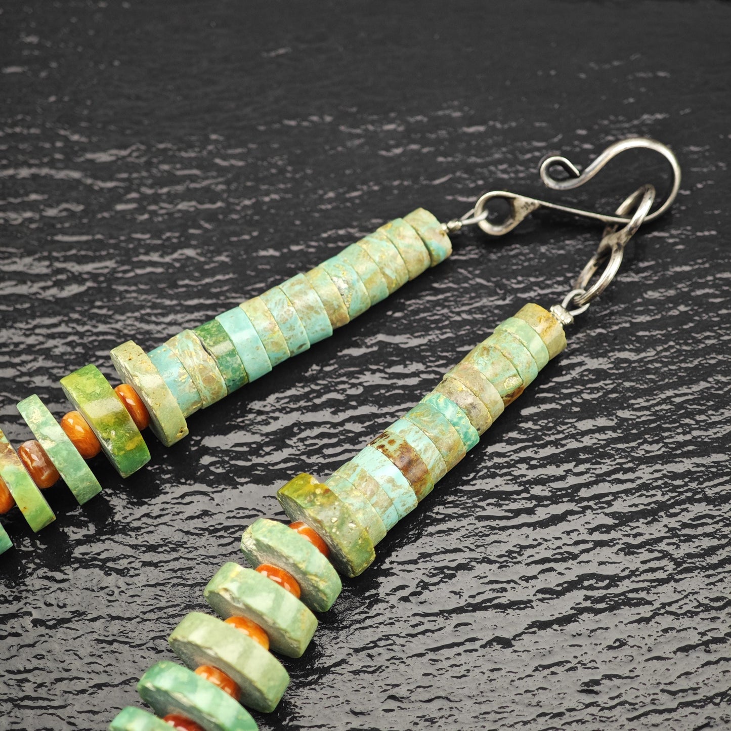 Heishi Necklace Turquoise and Spiny Oyster Beads Sterling Silver Graduated 7-21mm N2666