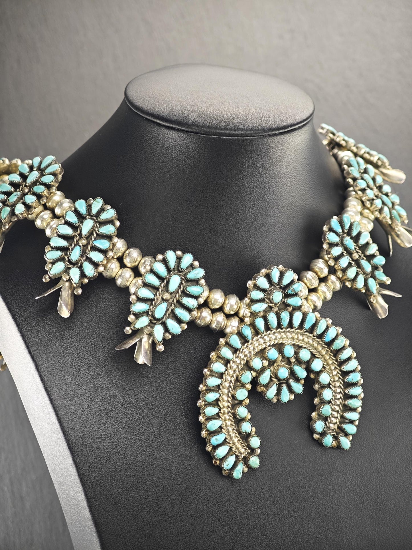 Native American Turquoise Cluster, Squash Blossom Necklace, Cuff, Earrings, Ring Set Sterling Silver