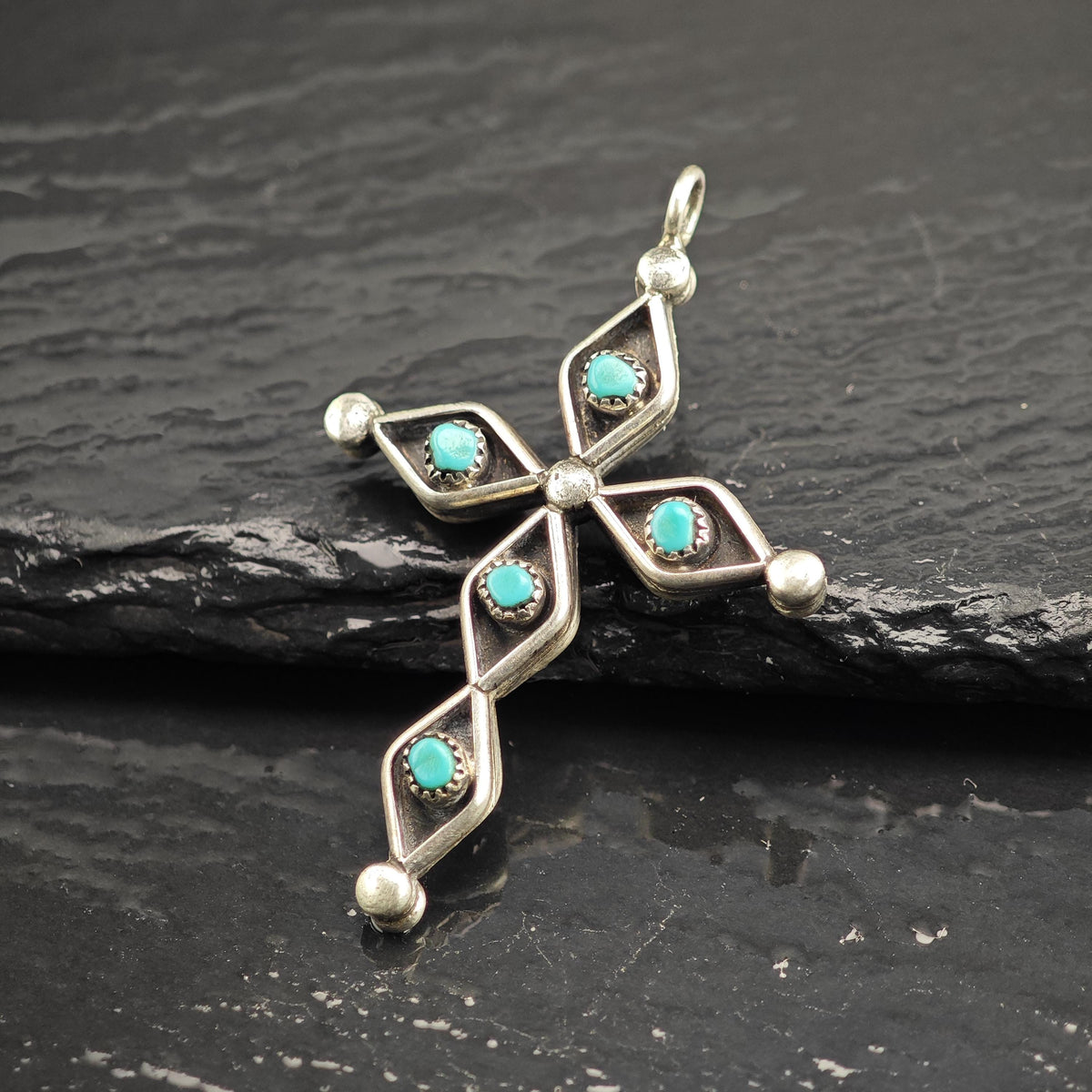 Reversible Zuni Turquoise, Coral Cross Sterling Silver Pendant P3143