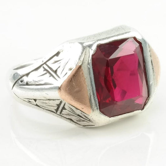 Art Deco Sterling Silver Ring Created Ruby Gold Accent Hand Engraved