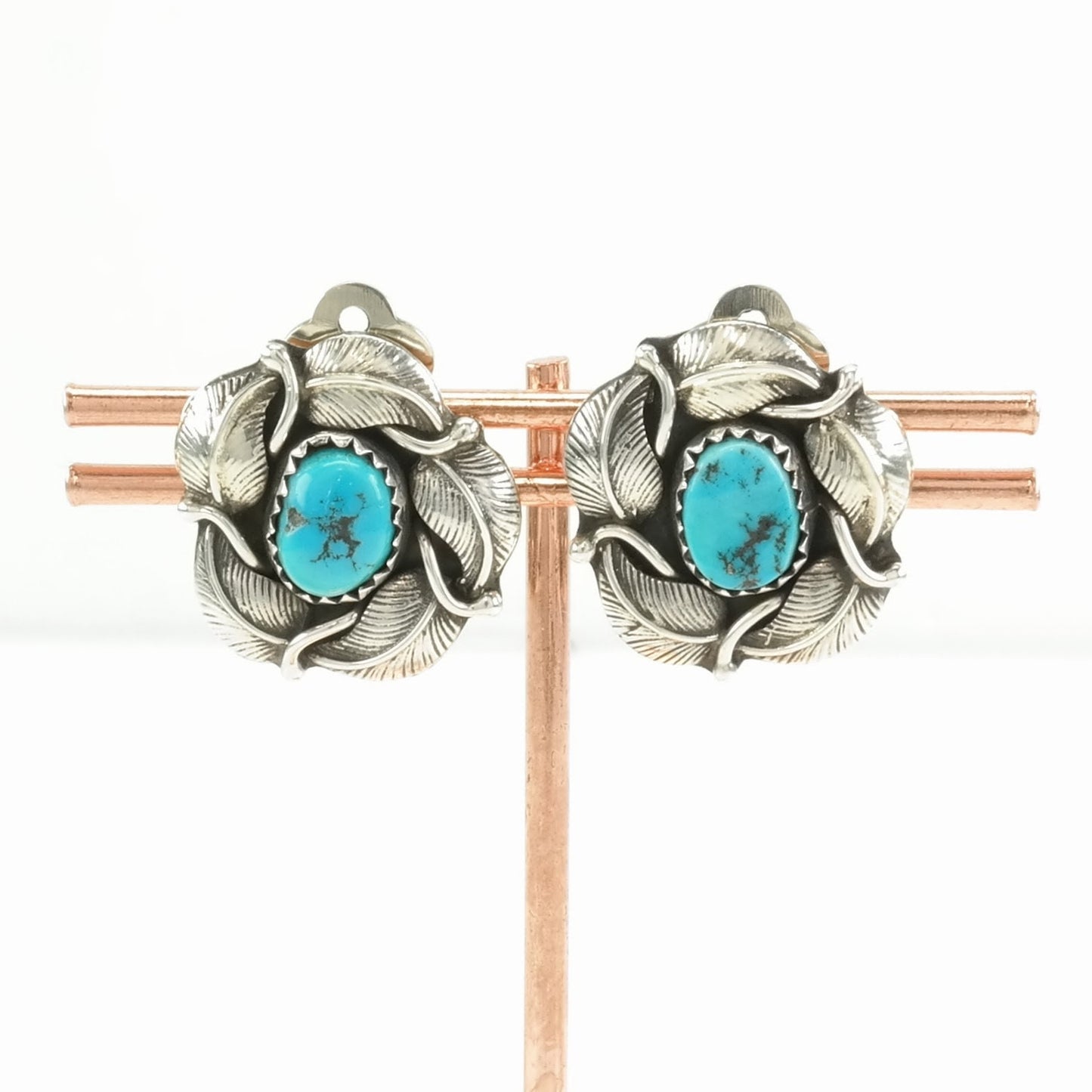 Vintage Sterling Silver Clip on Earrings Native American Blue Turquoise Floral