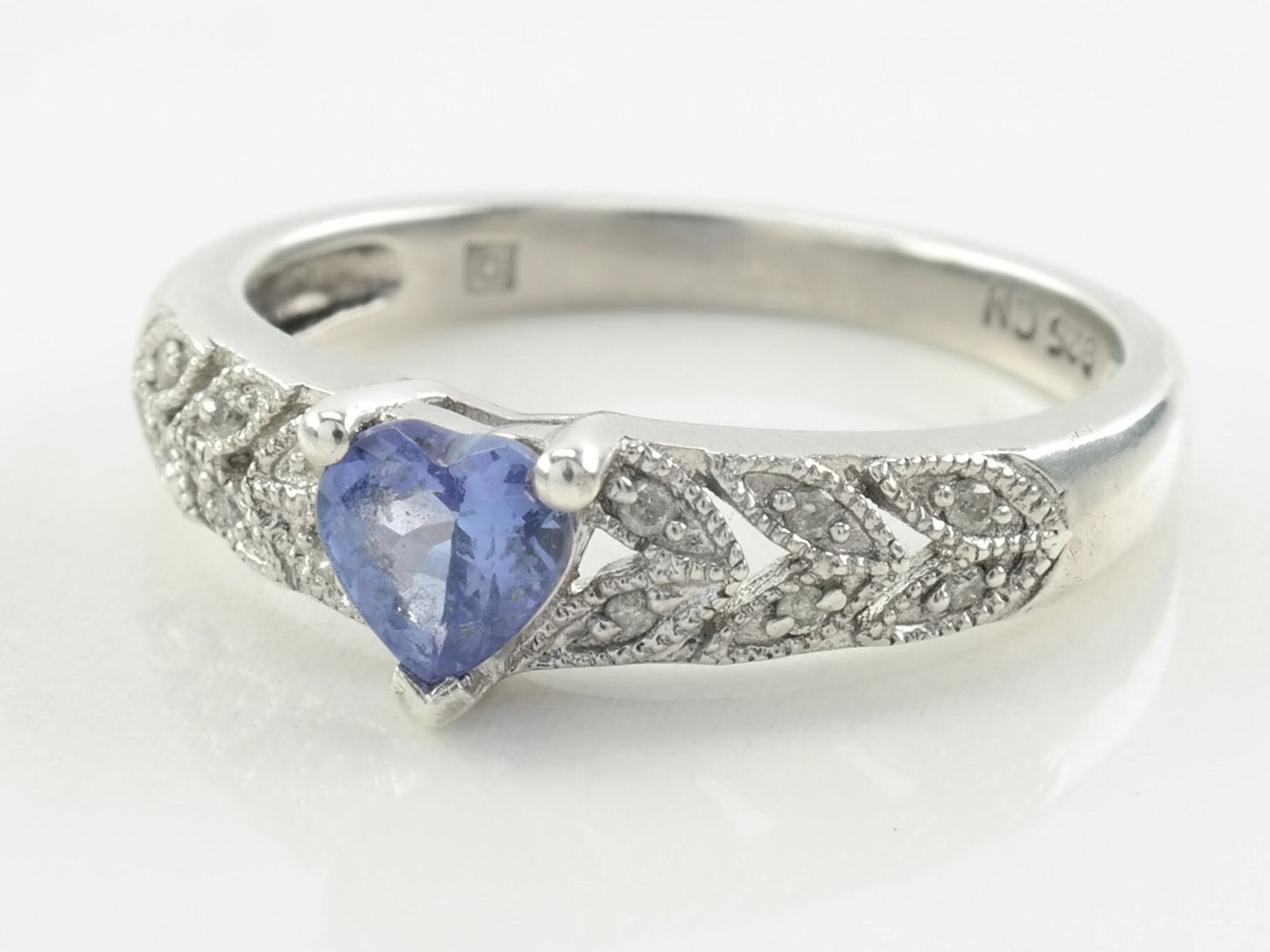 Sterling Silver Heart Ring Tanzanite, Diamond Size 6 3/4