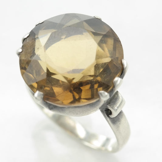 Vintage Art Deco Style Smoky Quartz Silver Ring Round Sterling