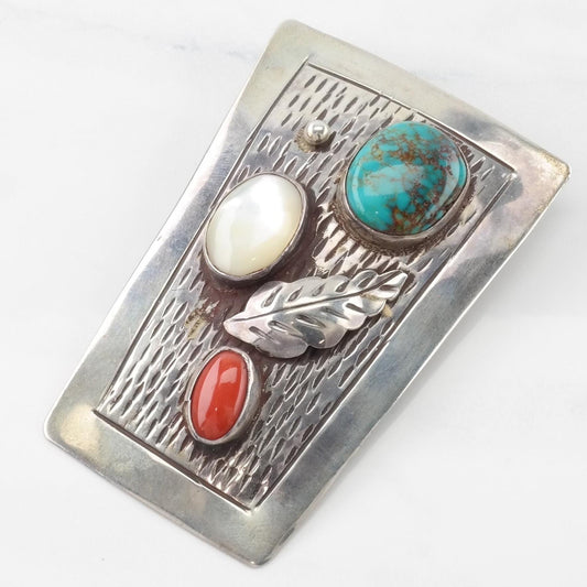 Vintage Native American Turquoise, Coral, MOP Large Sterling Silver Pendant