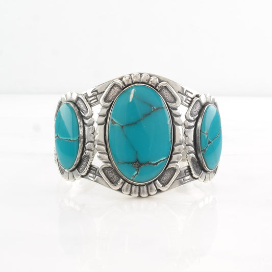 Fred Harvey Era Block Turquoise Cuff Bracelet Sterling Silver Blue Stamped