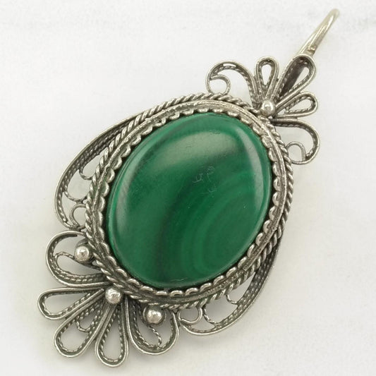 Vintage Malachite Ornate, Filigree Sterling Silver Pendant
