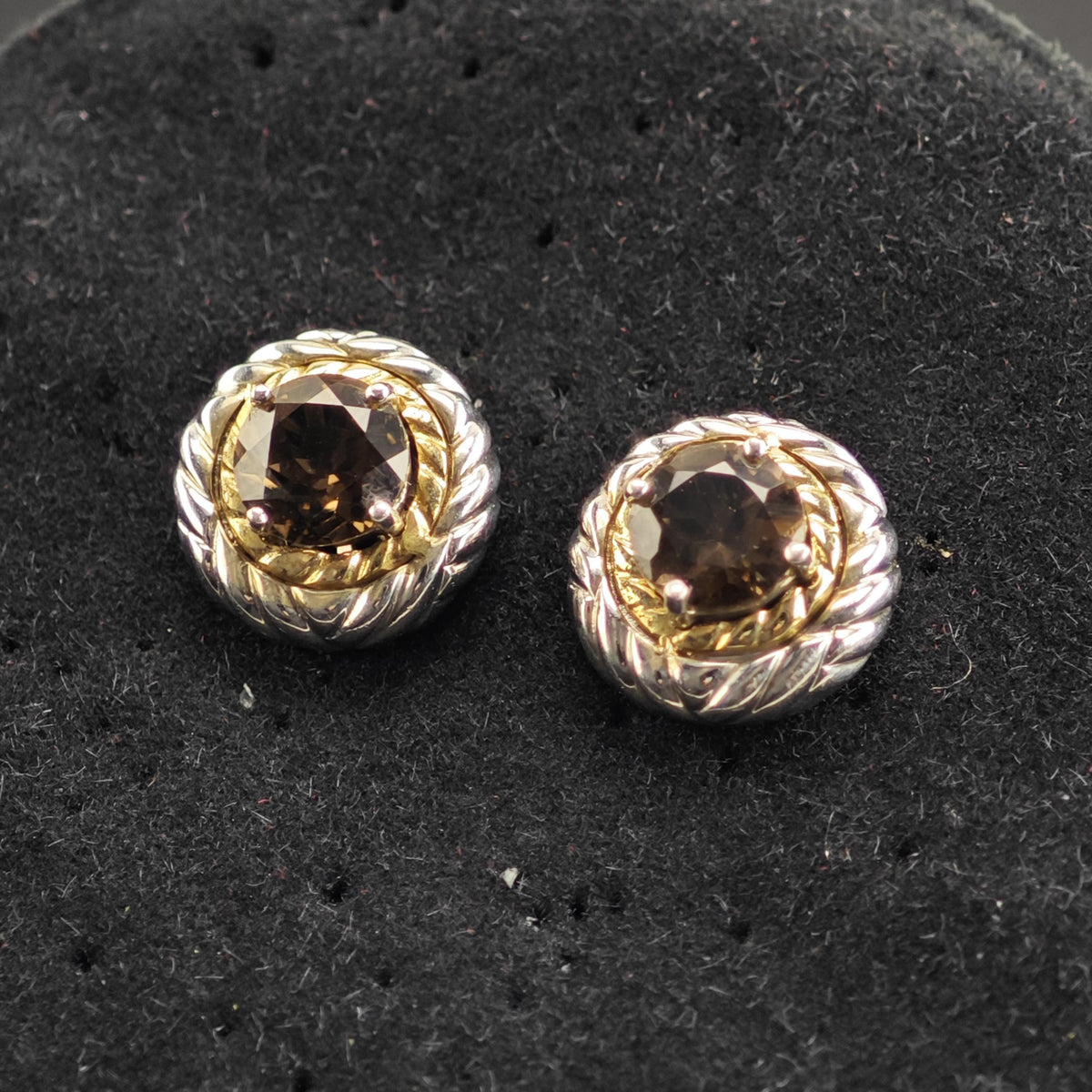 Vintage Designer Smoky Quartz 14k Bezel Stud Sterling Silver Earrings ER3230