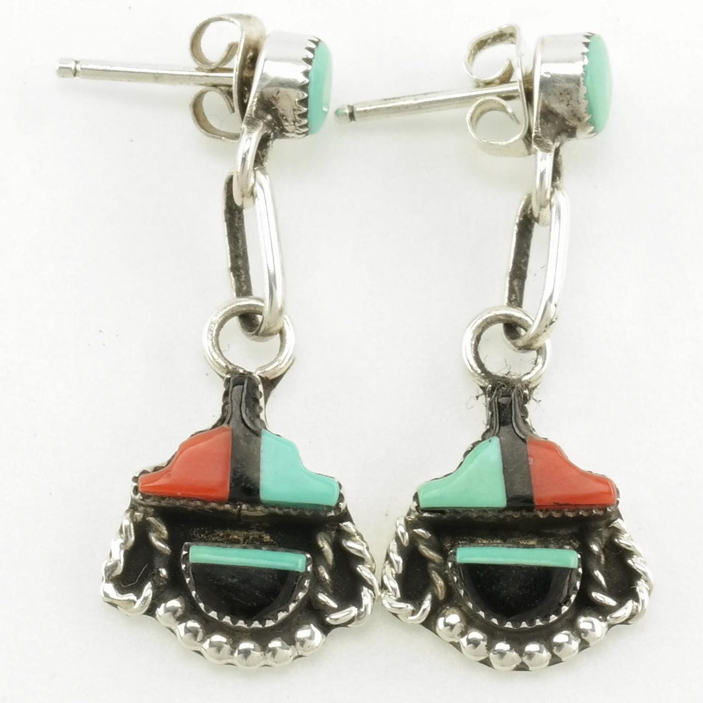 Native American Stud Inlay Earrings | Sterling Silver Dangles| Turquoise, Coral, Jet