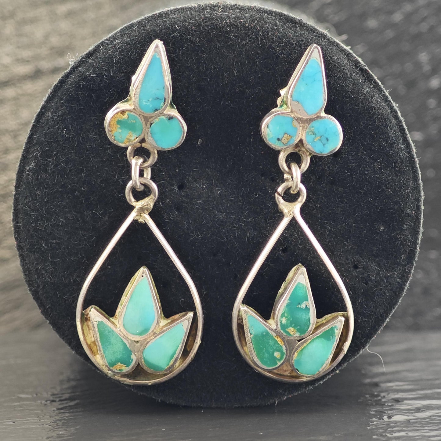 Vintage Zuni, Native American Turquoise Inlay Stud Sterling Silver Earrings ER3172